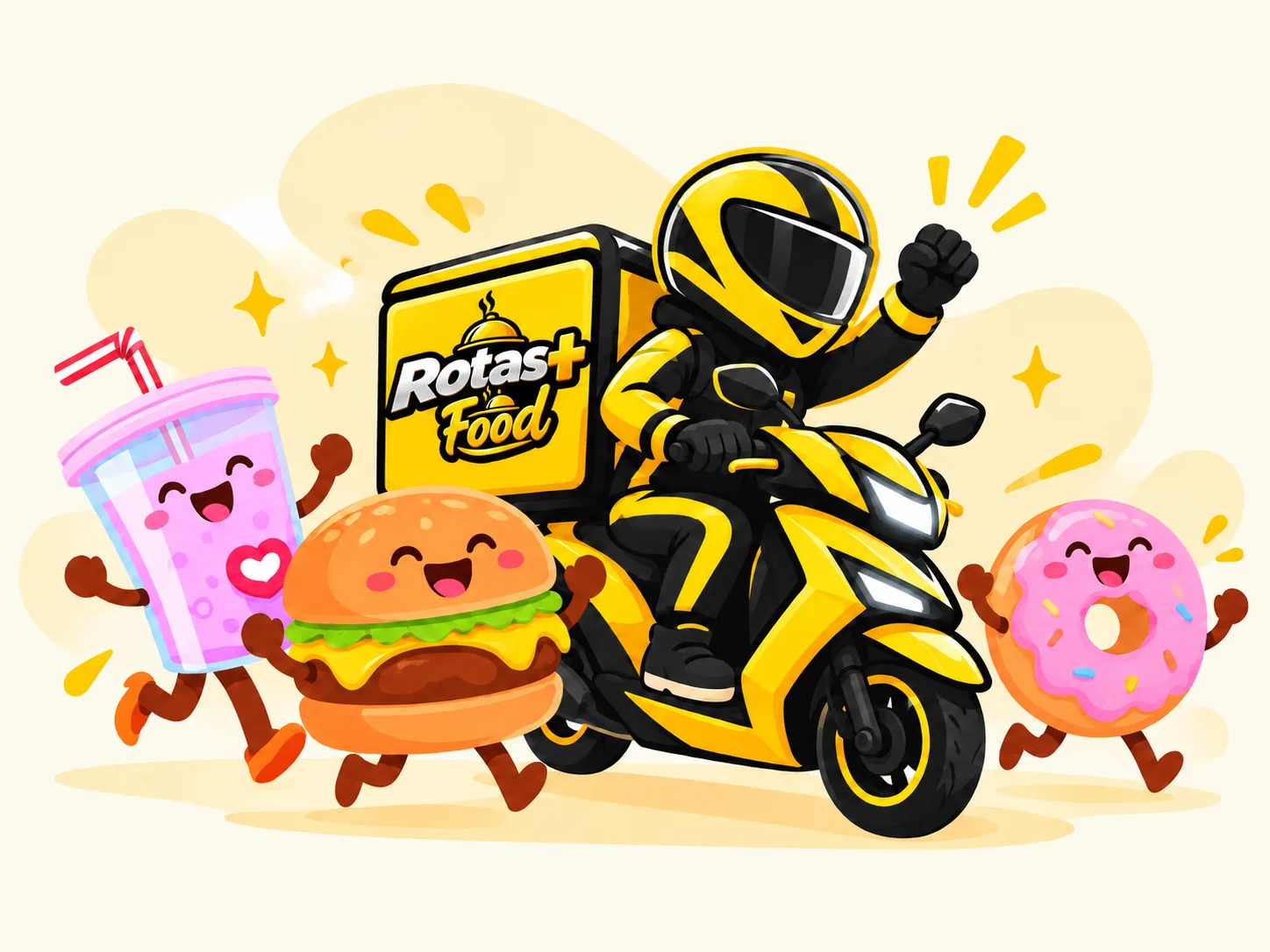 Entregador de moto do Rotas+ Food com mascotes de hambúrguer, bebida e rosquinha