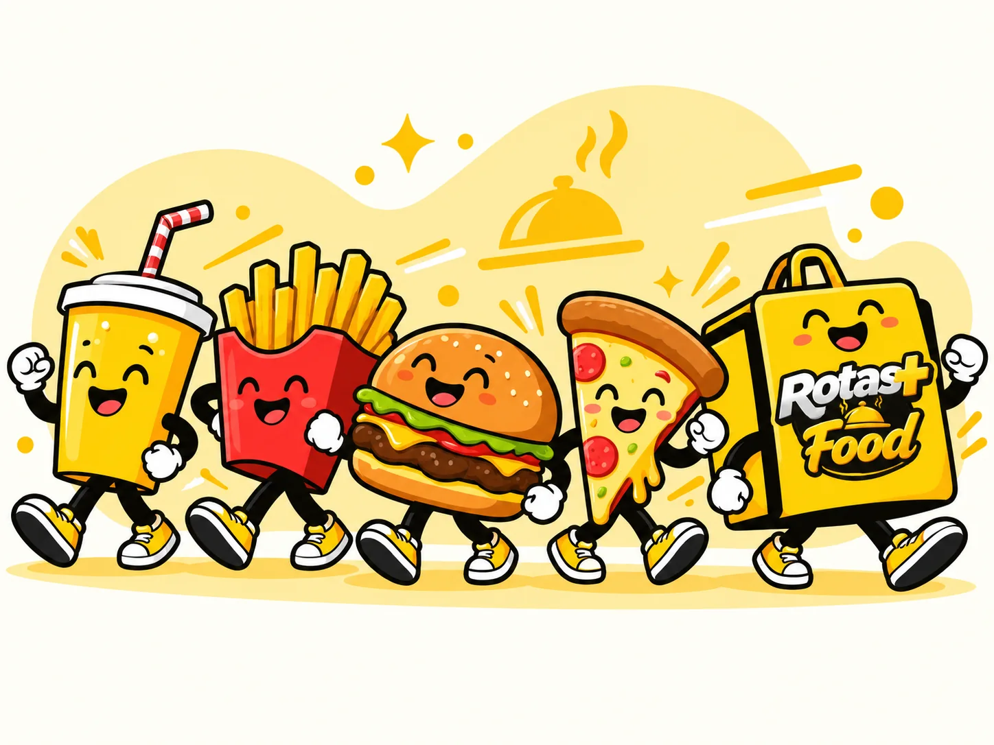 Personagens de refrigerante, batata frita, hambúrguer, pizza e sacola Rotas+ Food andando felizes