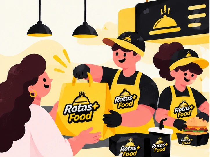 Equipe de restaurante entregando uma sacola Rotas+ Food a uma cliente